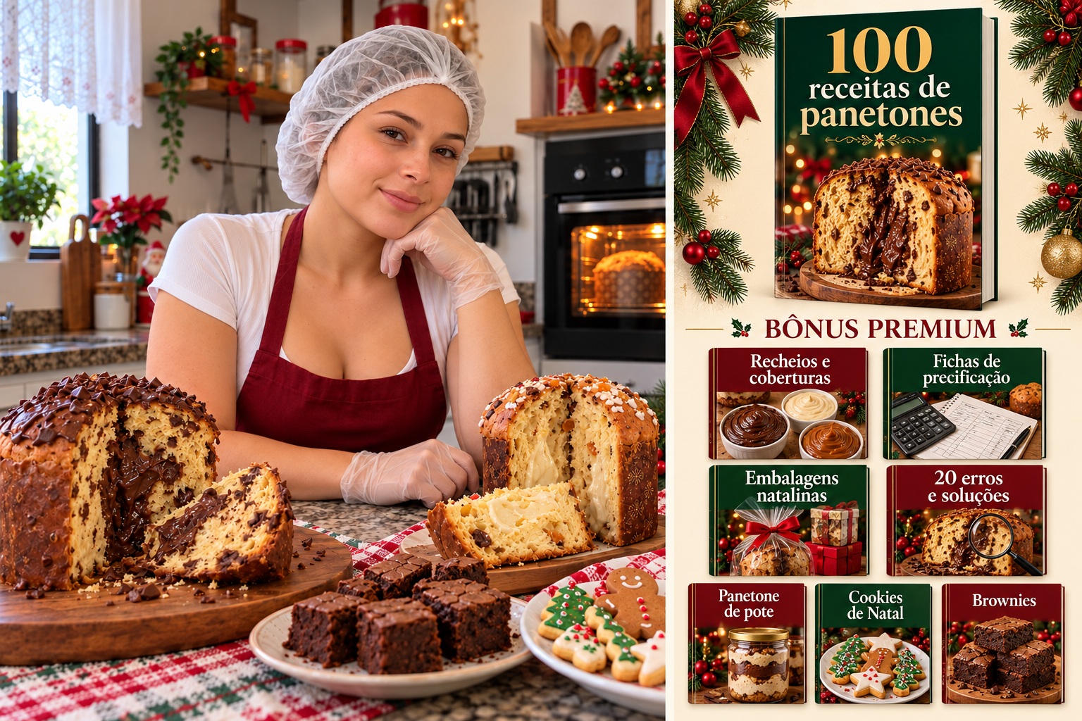 Camila de touca e luvas na cozinha; à direita, 100 receitas de panetones e os sete bônus Premium: recheios e coberturas, precificação, embalagens, erros e soluções, panetone de pote, cookies e brownies