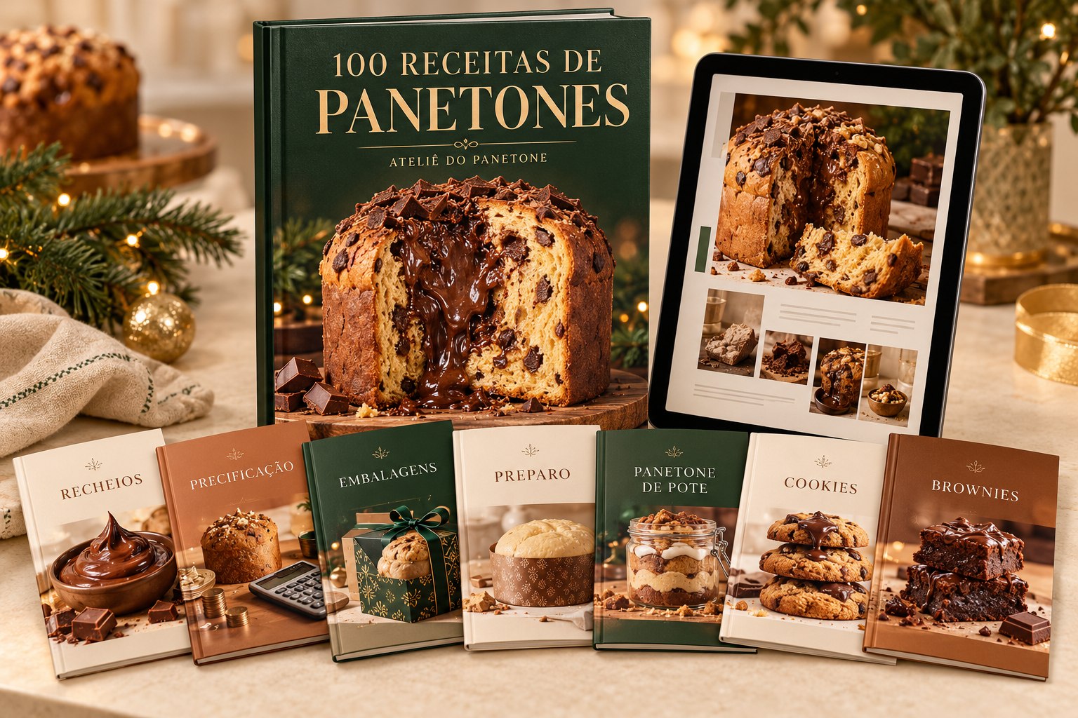 Mockup ilustrativo da coleção digital Ateliê do Panetone e seus sete materiais extras